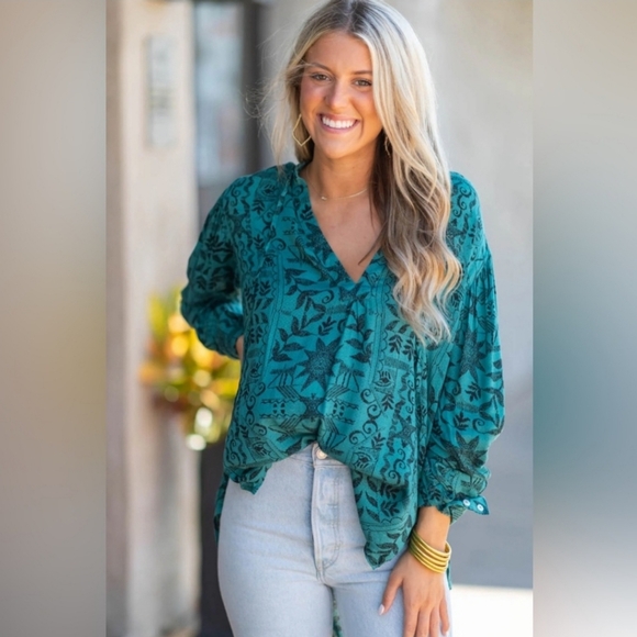 Free People Tops - Free People Teal Floral Tunic Top